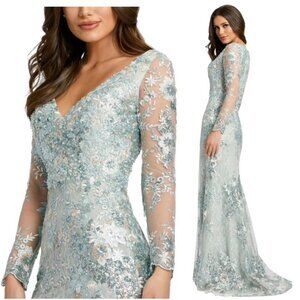 Mac Duggal Long Sleeve Floral Lace Dress in Light Blue and White